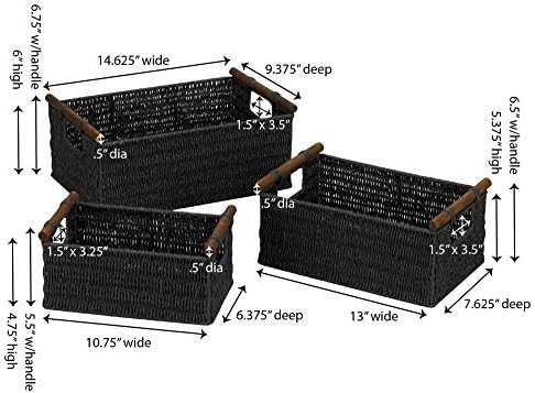 יסודות בית ML-7052 חבל נייר סלי אחסון נצרים עם ידיות עץ | סט של 3 | כתם שחור